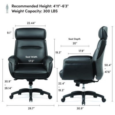 Eureka Royal Executive Office Chair, Support up to 300 lb, 19.46"-22.26" Seat Height, Black PU Leather Seat, Black Faux Leather Back (EKAOC003B)