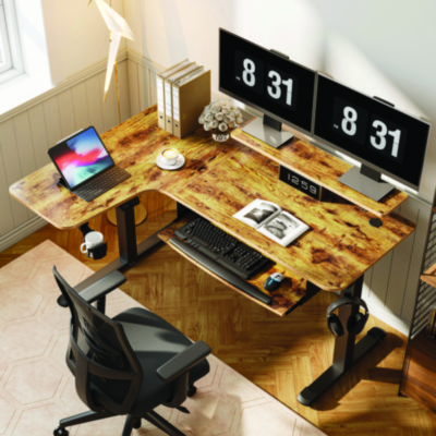 Eureka L-Shaped Standing Desk with Keyboard Tray, Left Desk, 61.25" x 43.25" x 34.38" to 52.88", Rustic Brown/Black (EKAL60LRB)