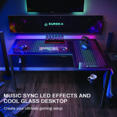 Eureka RGB LED Lights Glass Gaming Desk, 60" x 40.25" x 30", Black (EKAL60RB)