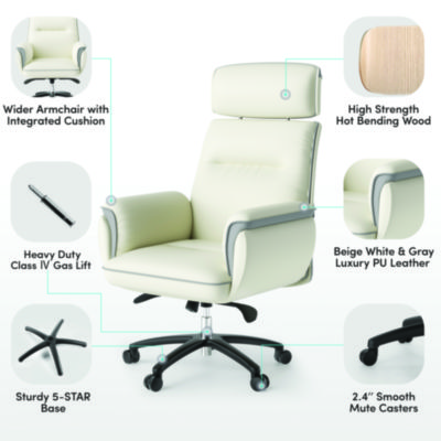 Eureka Royal Executive Office Chair, Support up to 300 lb, 19.46"-22.26" Seat Height, White PU Leather Seat, White Faux Leather Back (EKAOC003OW)
