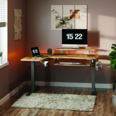 Eureka L-Shaped Standing Desk with Keyboard Tray, Left Desk, 61.25" x 43.25" x 34.38" to 52.88", Rustic Brown/Black (EKAL60LRB)