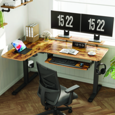 Eureka L-Shaped Standing Desk with Keyboard Tray, Right Desk, 61.25" x 43.25" x 34.38" to 52.88", Rustic Brown/Black (EKAL61LRB)