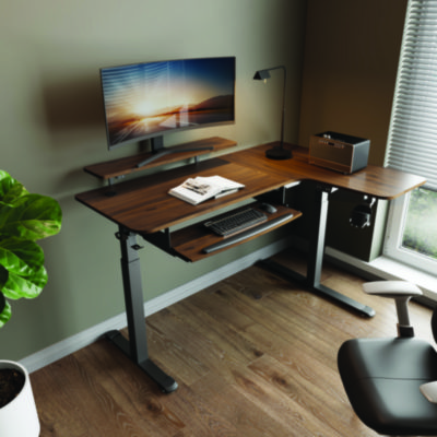 Eureka L-Shaped Standing Desk with Keyboard Tray, Right Desk, 61.25" x 43.25" x 34.38" to 52.88", Walnut/Black (EKAL60RWN)