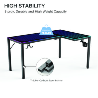 Eureka RGB LED Lights Glass Gaming Desk, 60" x 40.25" x 30", Black (EKAL60RB)