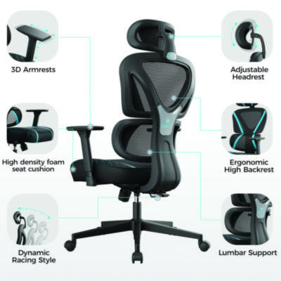 Eureka Norn Ergonomic Chair, Supports Up to 275 lb, 18.11" to 22.04" Seat Height, Black/Blue Mesh Seat/Back, Black Base (EKAGC06BU)