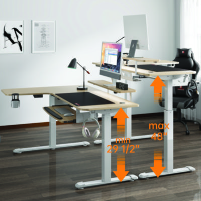Eureka L-Shaped Standing Desk with Keyboard Tray, Right Desk, 61.25" x 43.25" x 34.38" to 52.88", Maple White/White (EKAL60RMW)