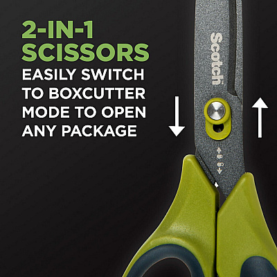 Scotch Non-Stick Unboxing Scissors, 8" Long, 2.7" Cut Length, Straight Green/Black Handle (MMM1488NS)