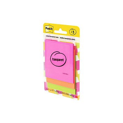 Post-it Transparent Notes, Unruled, 2.88" x 2.88", Assorted Transparent Colors, 36 Sheets/Pad, 3 Pads/Pack (MMM6003COL)
