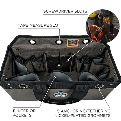 ergodyne Arsenal 5846 Bucket Truck Tool Bag, Locking Aerial Bucket Hooks, 11 Compartments/5 Grommets, 18x7.5x7.5, Gray (EGO13747)