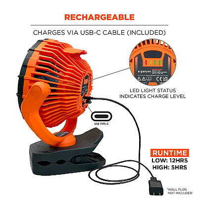 ergodyne Chill-Its 6090 Rechargeable Portable Jobsite Fan, 9.5, Orange/Black (EGO12800)
