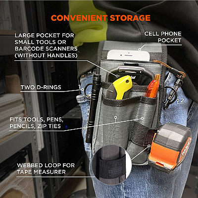 ergodyne Arsenal 5569 Belt Clip Tool Pouch with Device Holster, 4 Compartments, 5 x 2 x 8.5, Polyester, Gray (EGO13669)