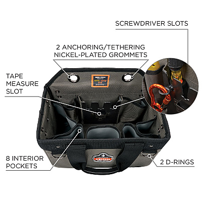 ergodyne Arsenal 5846 Bucket Truck Tool Bag, Locking Aerial Bucket Hooks, 8 Compartments/2 Grommet, 13 x 7.5 x 7.5, Gray (EGO13746)