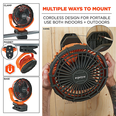 ergodyne Chill-Its 6090 Rechargeable Portable Jobsite Fan, 9.5, Orange/Black (EGO12800)