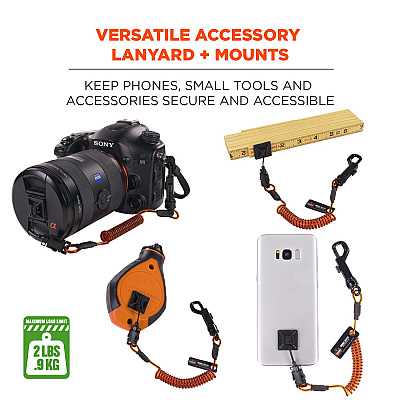 ergodyne Squids 3151 Coil Lanyard Swivel Hook/Detachable Loop, Mini Adhesive Mount, 2 lb Max Working Capacity, 12" Long, Black/Orange (EGO19160)