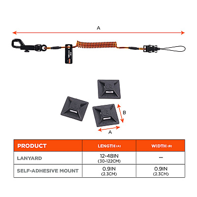 ergodyne Squids 3151 Coil Lanyard Swivel Hook/Detachable Loop, Mini Adhesive Mount, 2 lb Max Working Capacity, 12" Long, Black/Orange (EGO19160)
