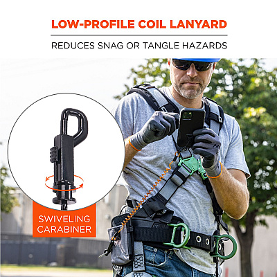 ergodyne Squids 3151 Coil Lanyard Swivel Hook/Detachable Loop, Mini Adhesive Mount, 2 lb Max Working Capacity, 12" Long, Black/Orange (EGO19160)
