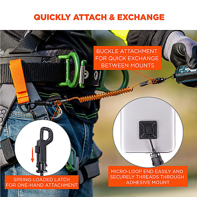 ergodyne Squids 3151 Coil Lanyard Swivel Hook/Detachable Loop, Mini Adhesive Mount, 2 lb Max Working Capacity, 12" Long, Black/Orange (EGO19160)