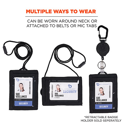 ergodyne Squids 3389 Wallet ID/Badge Holder,Horizontal/Vertical, Black, 3.75 x 5 for 2.75 x 3.5 Insert, 18" Cord (EGO19964)