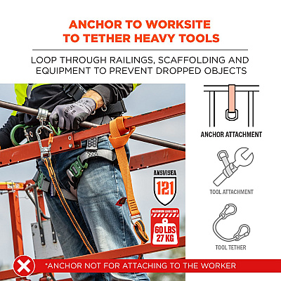 ergodyne Squids 3177 Anchor Choke Strap for Tool Tethering, 60 lb Max Safe Working Capacity, 28" Long, Orange (EGO19195)
