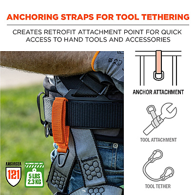 ergodyne Squids 3172 Anchor Strap Hook and Loop Closure for Tool Tethering, 5 lb Max Working Capacity, 5" Long, Orange, 2/Pack (EGO19172)