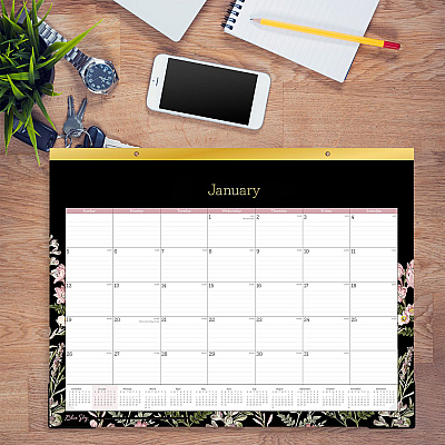 Blue Sky Neveah Monthly Desk Pad Calendar, Floral Artwork, 22" x 17", White/Black/Pink Sheets, Gold Headband, 12-Month (Jan-Dec): 2026 (148629)