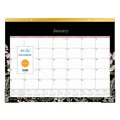Blue Sky Neveah Monthly Desk Pad Calendar, Floral Artwork, 22" x 17", White/Black/Pink Sheets, Gold Headband, 12-Month (Jan-Dec): 2026 (148629)
