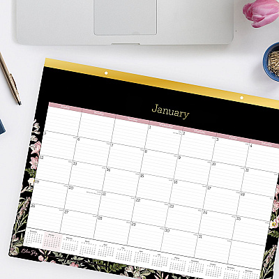 Blue Sky Neveah Monthly Desk Pad Calendar, Floral Artwork, 22" x 17", White/Black/Pink Sheets, Gold Headband, 12-Month (Jan-Dec): 2026 (148629)