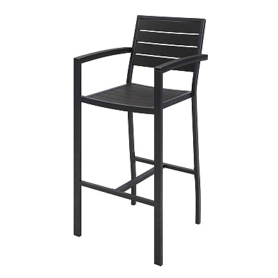 KFI Studios Eveleen Outdoor Bistro Patio Table with Two Black Powder-Coated Polymer Barstools, 30" Square, Black (KFI840031925275)