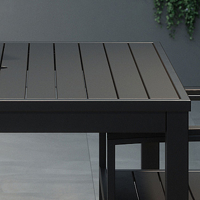 KFI Studios Eveleen Outdoor Bistro Patio Table with Four Black Powder-Coated Polymer Barstools, 32 x 55, Black (KFI840031925213)