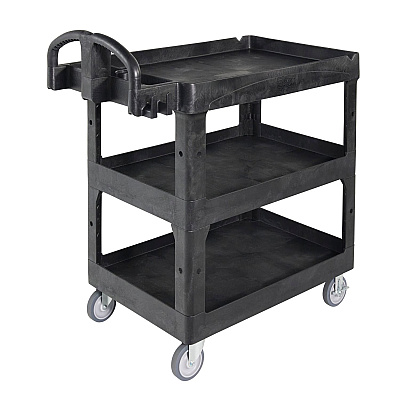 Rubbermaid Commercial BRUTE 3-Shelf Heavy-Duty Ergo Lipped Utility Cart, Resin, 3 Shelves, 600 lb Capacity, 25.24" x 44" x 47", Black (RCP2196862)