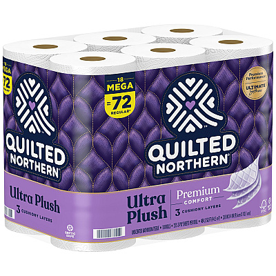 Quilted Northern Ultra Plush Bathroom Tissue, Mega Roll, Septic Safe, 3-Ply, White, 255 Sheets/Roll, 18 Rolls/Carton (GPC87604501)