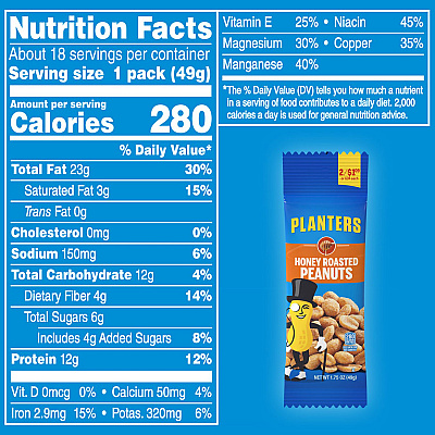 Planters Honey Roasted Peanuts, 1.75 oz Tubes, 18 Tubes/Box, 2 Boxes/Carton (GRR60004059)