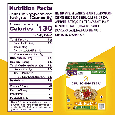 Crunchmaster 5-Seed Multi-Grain Crunchy Oven Baked Crackers, Original, 5 oz Bags, 4/Box, 2 Boxes/Carton (GRR60004077)