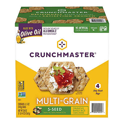 Crunchmaster 5-Seed Multi-Grain Crunchy Oven Baked Crackers, Original, 5 oz Bags, 4/Box, 2 Boxes/Carton (GRR60004077)