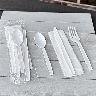 Boardwalk Four-Piece Cutlery Kit, Fork/Knife/Napkin/Teaspoon, Mediumweight, Polystyrene, White, 250/Carton (BWK4KITWHPS)