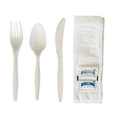 Boardwalk Six-Piece Cutlery Kit, Fork/Knife/Teaspoon/Napkin/Pepper/Salt, White, 1,000/Carton (BWK6COMBOKITPP)