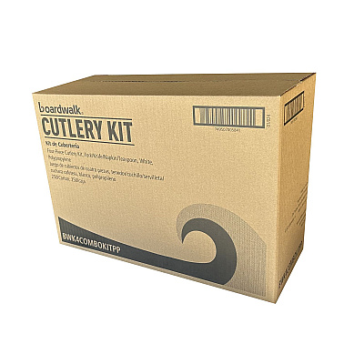 Boardwalk Four-Piece Polypropylene Cutlery Kit, Mediumweight, Fork/Knife/Napkin/Spoon, Plastic, White, 250/Carton (4COMBOKITPP)