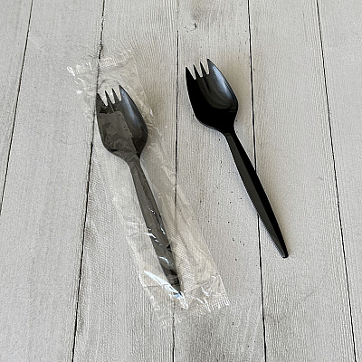 Boardwalk Mediumweight Wrapped Polypropylene Cutlery, Spork, Black, 1,000/Carton (BWKSPORKBLPPIW)