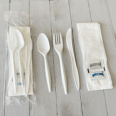 Boardwalk Six-Piece Cutlery Kit, Fork/Knife/Teaspoon/Napkin/Pepper/Salt, White, 1,000/Carton (BWK6COMBOKITPP)