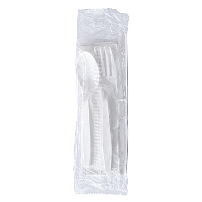 Boardwalk Four-Piece Cutlery Kit, Fork/Knife/Napkin/Teaspoon, Mediumweight, Polystyrene, White, 250/Carton (BWK4KITWHPS)