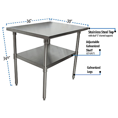 BK Resources Stainless Steel Flat Top Work Tables, 36w x 30d x 36h, Silver, 2/Pallet (BKE2VT3630)