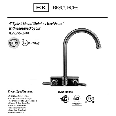 BK Resources Evolution Splash Mount Stainless Steel Faucet, 9.06" Height/4.5" Reach, Stainless Steel (BKEEVO4SM4G)