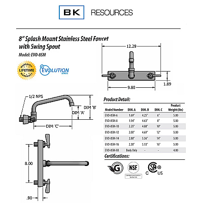BK Resources Evolution Splash Mount Stainless Steel Faucet, 4.63" Height, 8" Reach, Stainless Steel (BKEEVO8SM8)