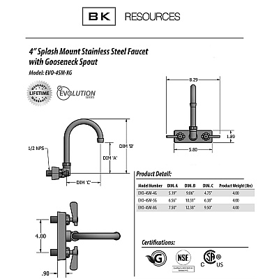 BK Resources Evolution Splash Mount Stainless Steel Faucet, 9.06" Height/4.5" Reach, Stainless Steel (BKEEVO4SM4G)