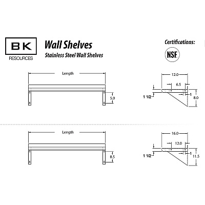BK Resources Stainless Steel Economy Overshelf, 60w x 16d x 11.5h, Stainless Steel, Silver, 2/Pallet (BKE2WSE1660)