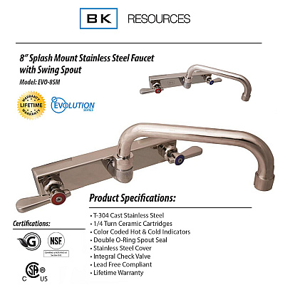 BK Resources Evolution Splash Mount Stainless Steel Faucet, 4.63" Height, 8" Reach, Stainless Steel (BKEEVO8SM8)