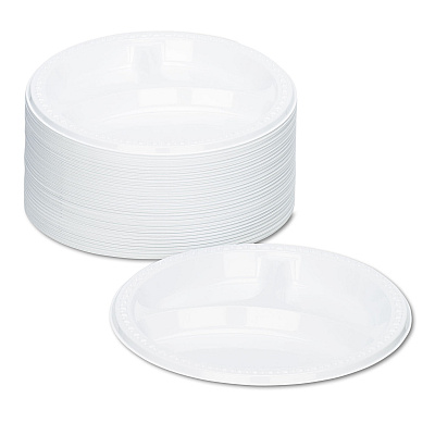 Tablemate Plastic Dinnerware, 3-Compartment Plates, 9" dia, White, 125/Pack (TBL19644WH)