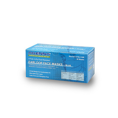 Blue Earloop Face Mask Adenna 3-ply 4-fold 50 Bx 10 Bxs C, Case Of 500 (FEL110B)