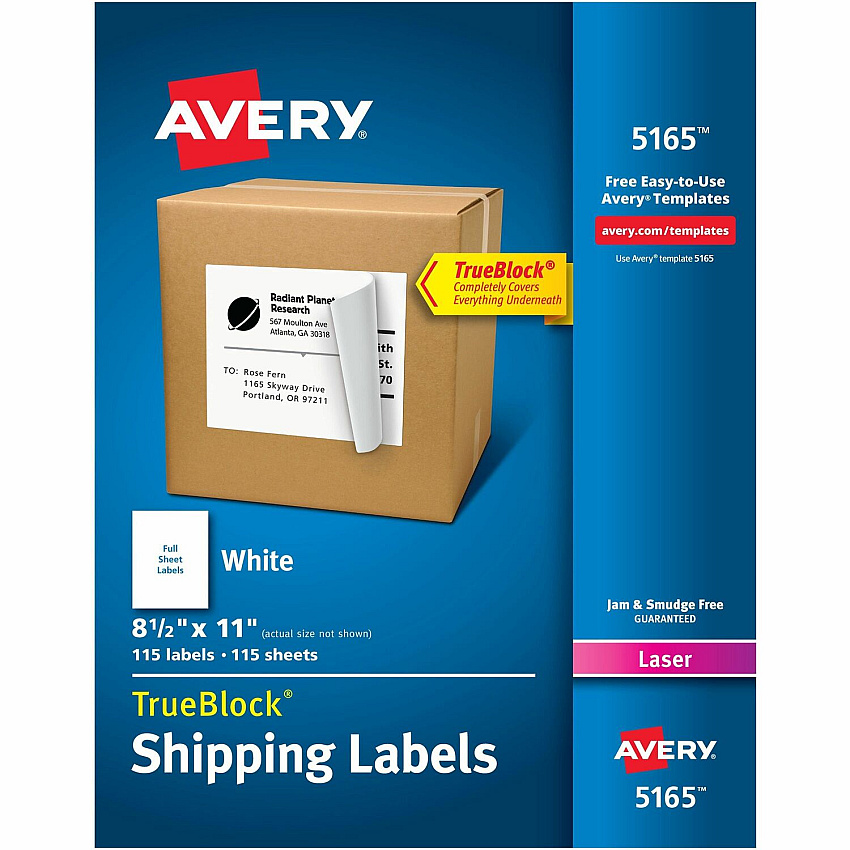 Avery Shipping Labels, Permanent Adhesive, 8-1/2" x 11" , 100 Labels (AVE5165)