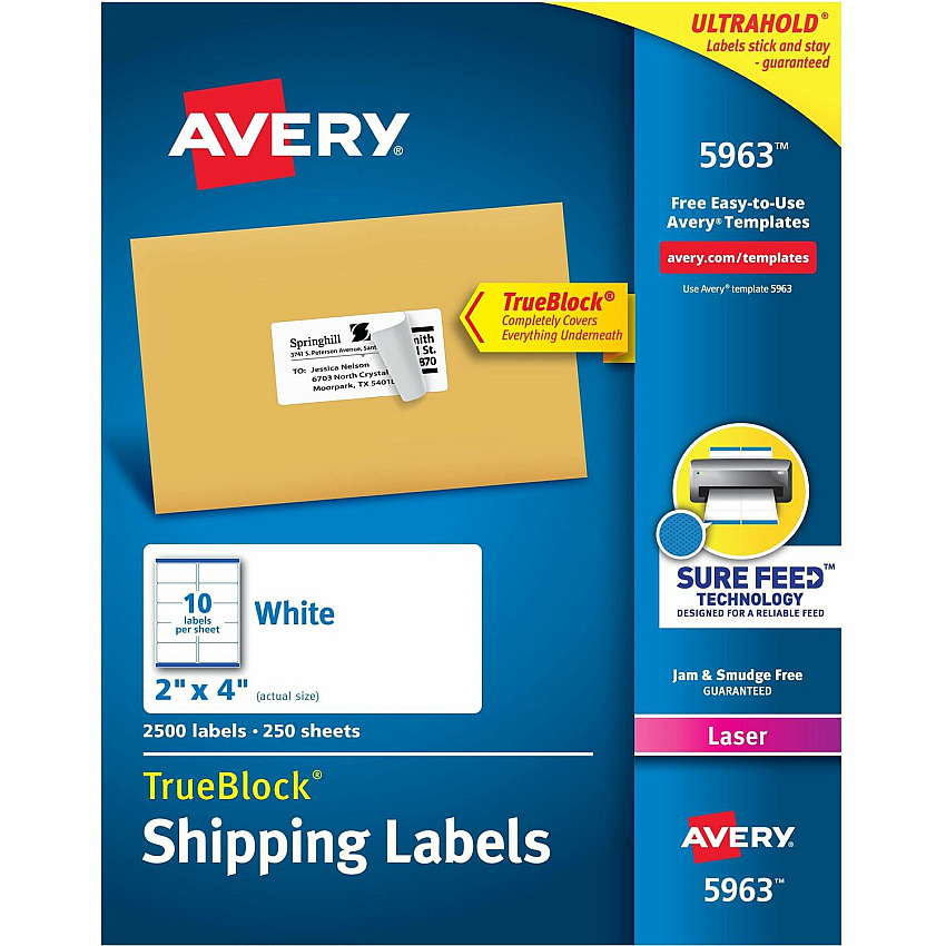 Avery Shipping Labels, Sure Feed, 2" x 4" , 2,500 Labels (AVE5963)